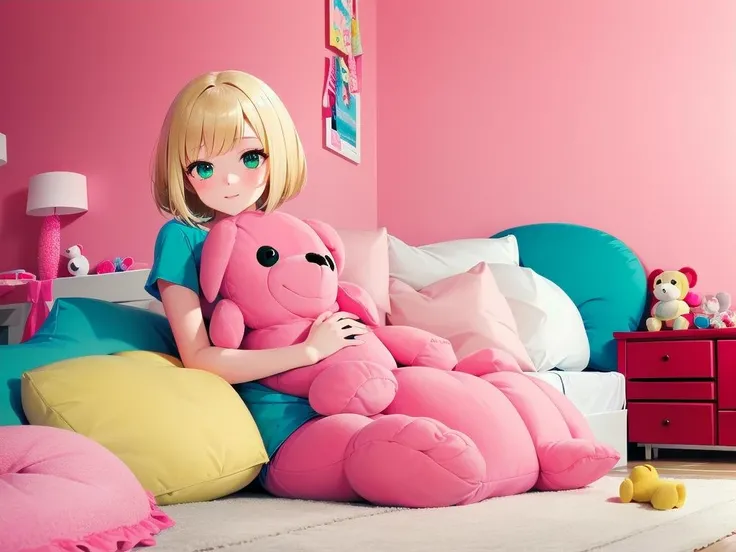 masterpiece,
1girl, blonde hair, bob cut, wavy hair, green eyes,
pinkroom, pink wall, bed, stuffed toy, pillow, couch, <lora:pinkroom_v1.0:1>