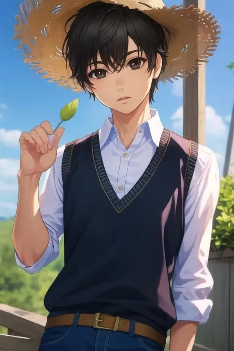 masterpiece, best quality, photorealistic, 1boy, solo, male focus, looking at viewer, upper body, , <lora:ren_kaidou:0.68>, ren_kaidou, black hair, brown eyes, sleeveless shirt, straw hat, ,