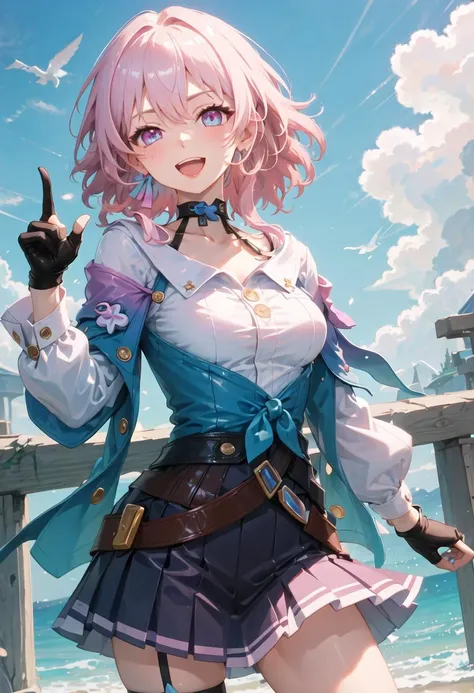 best quality, masterpiece, highres, solo, {march_7th_starrail:0.90}, 1girl, long_sleeves, looking_at_viewer, white_shirt, black_gloves, blue_jacket, open_mouth, :d, blue_skirt, earrings, single_glove, holding_camera, medium_hair, black_choker, multicolored_eyes, pink_eyes, partially_fingerless_gloves, teeth, one_eye_closed, pleated_skirt, sky