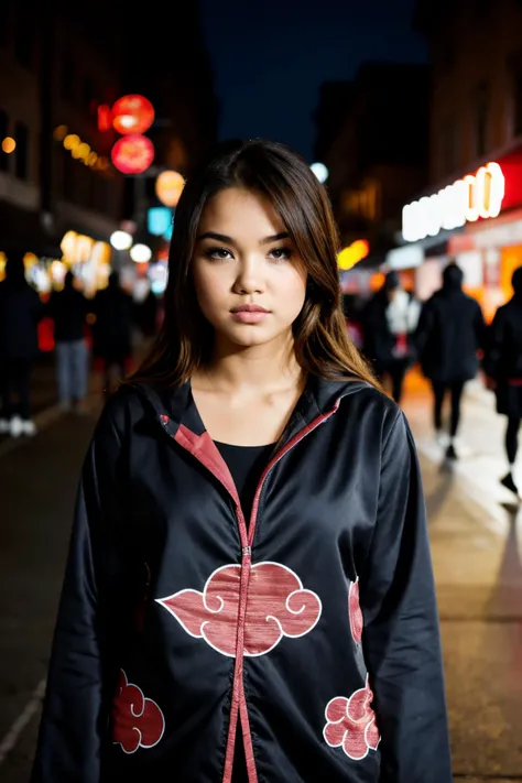 S476_ParisBerelc, long hair, modern photo, (wearing akatsuki outfit:1.3), <lora:akatsuki-outfit:1>, (close-up, headshot), (35mm, F/2.8) Photo Focus, DOF, Aperture, insanely detailed and intricate, character, hypermaximalist, beautiful, revealing, appealing, attractive, amative, hyper realistic, super detailed, beautiful girl, ((detailed eyes)), long eyelashes, standing in the street, city background, nighttime, neon lights, solo