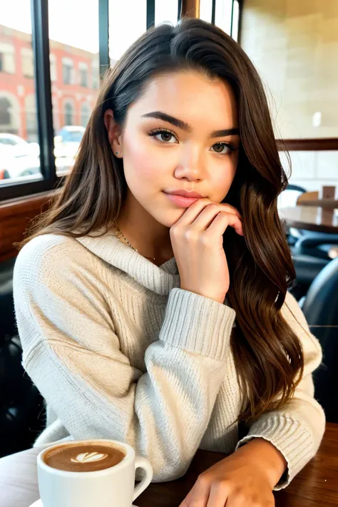 S476_ParisBerelc, long hair, modern photo, (wearing large edgPO pullover, edgPO), <lora:edgPullovers:1>, (wearing leggings), (cowboy shot), (35mm, F/2.8) Photo Focus, DOF, Aperture, insanely detailed and intricate, character, hypermaximalist, beautiful, revealing, appealing, attractive, amative, hyper realistic, super detailed, beautiful girl, ((detailed eyes)), long eyelashes, (glossy lips), sitting in a cafe, daytime, solo