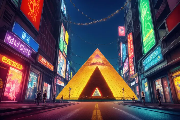 (masterpiece:1.15), (best quality:1.15), (detailed:1.1), (highres:1.1), [modernism|cyberpunk], (in 80s anime style), wide shot, iridescent pyramid in the middle of street, decorated with chains, neon lights, global illumination <lyco:style_boo_v10:0.8>