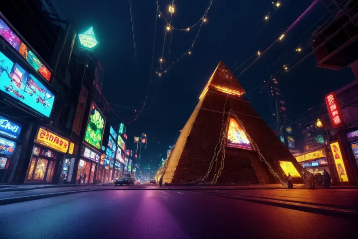 (masterpiece:1.15), (best quality:1.15), (detailed:1.1), (highres:1.1), [gothic horror|cyberpunk], (in 80s anime style), wide shot, iridescent pyramid in the middle of street, decorated with chains, neon lights, global illumination <lyco:style_boo_v10:0.8>