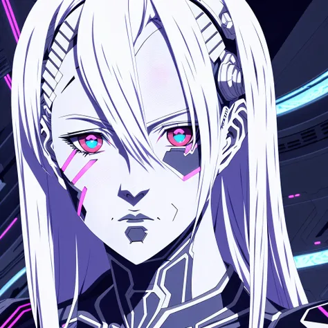 anime android woman with silver hair, blue eyes, robotic seam lines on face, mamoru oshii artsyle, realistic lighting, realistic shaded, full body portrait