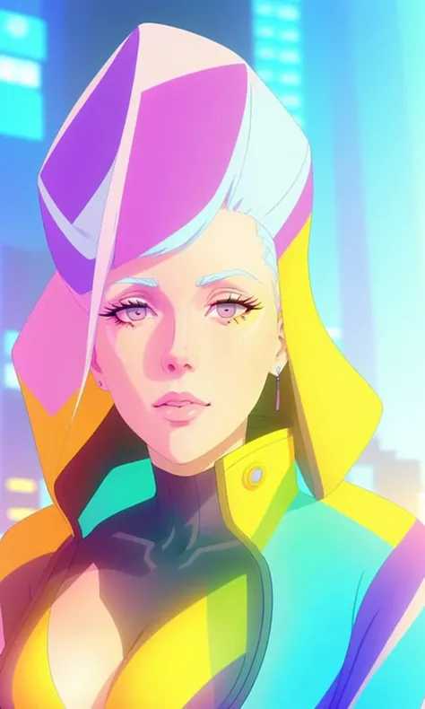 a woman in a city, full body shot, highly detailed face, highly detailed outfit with iridescent colors on the jacket, photo photography, bright vivid colors, great fashionable hairstyle, photoshoot