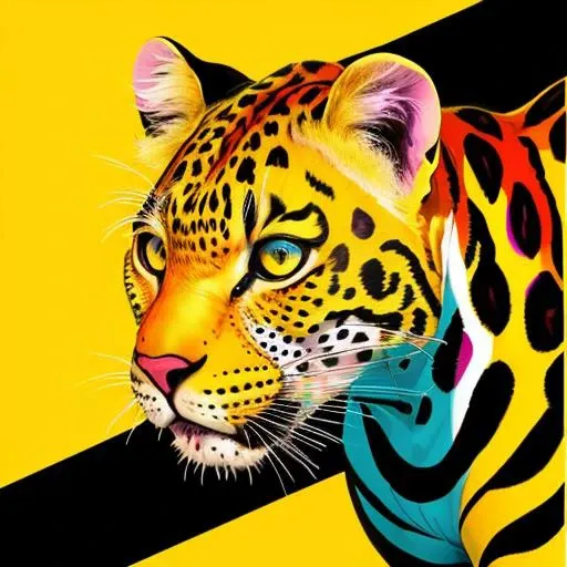 An image which uses bold colours and shapes, amazing, (masterpiece:1.3), beautiful, attractive, masterpiece, Kidcore , leopard , low saturation