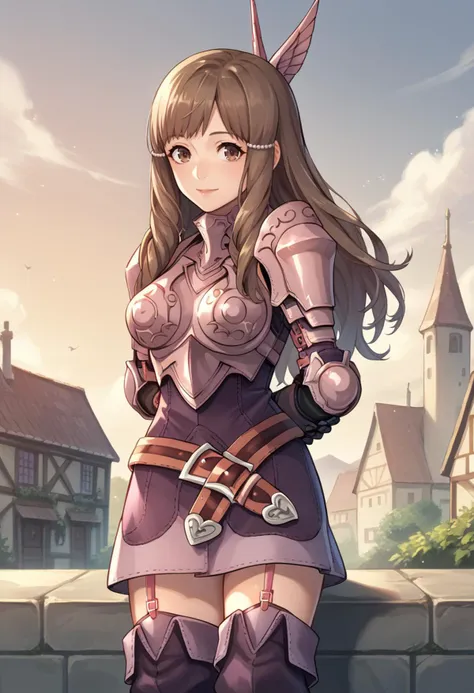 score_9, score_8_up, score_7_up, source_anime, 1girl, looking at you, arms behind back, smile, BREAK <lora:fesumia-pdxl-nvwls-v1:1> sumia, brown hair, brown eyes, wing hair ornament, purple dress, short dress, belt, armored dress, pink armor, medium breasts, gauntlets, garter straps, thigh boots, outdoors, village, sky