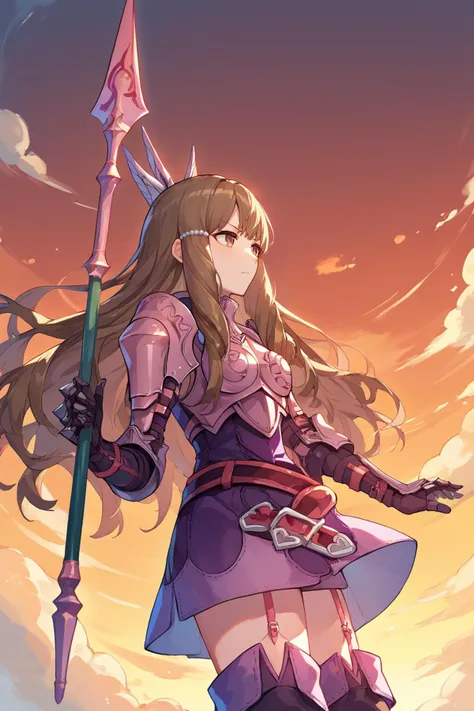 score_9, score_8_up, score_7_up, score_6_up, source_anime BREAK 1girl <lora:fesumia-pdxl-nvwls-v1-000005:1> sumia, brown hair, brown eyes, wing hair ornament, purple dress, short dress, belt, armored dress, pink armor, gauntlets, garter straps, thigh boots, holding spear, serious, from side, red sky, clouds, sunset