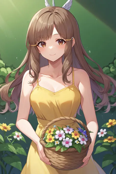 score_9, score_8_up, score_7_up, score_6_up, source_anime BREAK 1girl <lora:fesumia-pdxl-nvwls-v1-000005:1> sumia, brown hair, brown eyes, wing hair ornament, yellow sundress, spaghetti straps, holding basket of flowers, smile, looking at you, garden