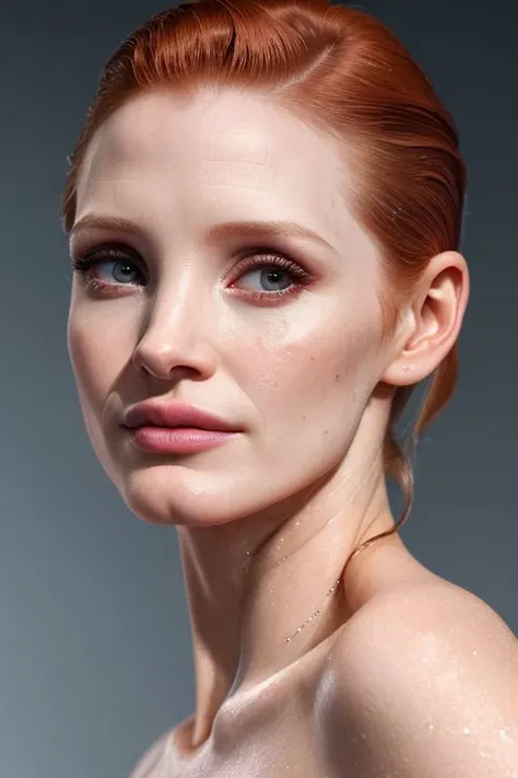 closeup photo of (CR-JessicaCh4stain-frankyfrank2k:0.95) as (young:1.0) woman, (oiled shiny skin:1.0), (tilted angle shot:1.0), (tilted head pose:1.0), (slick undercut:1.0) hair,
(8k uhd:1.0), (best quality:1.0), (masterpiece:1.0), (sharp focus:1.0), (grey gradient backdrop:1.1),