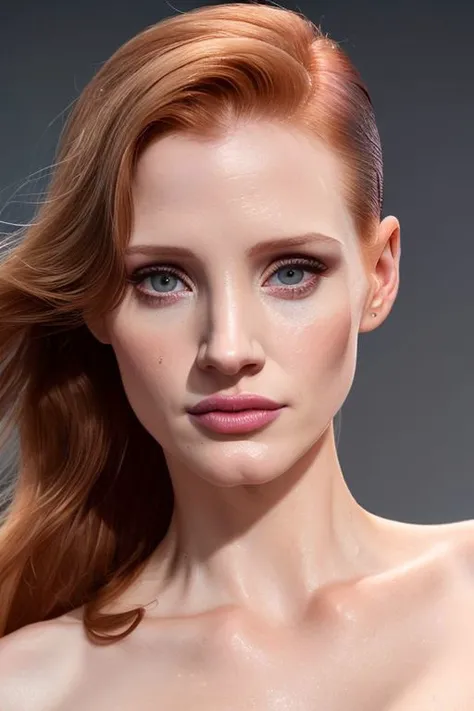 closeup photo of (CR-JessicaChastain-frankyfrank2k:0.95) as (young:1.0) woman, (oiled shiny skin:1.0), (tilted angle shot:1.2), (slick undercut:1.1) hair,
(8k uhd:1.0), (best quality:1.0), (masterpiece:1.0), (sharp focus:1.0), (basic grey gradient backdrop:1.2),