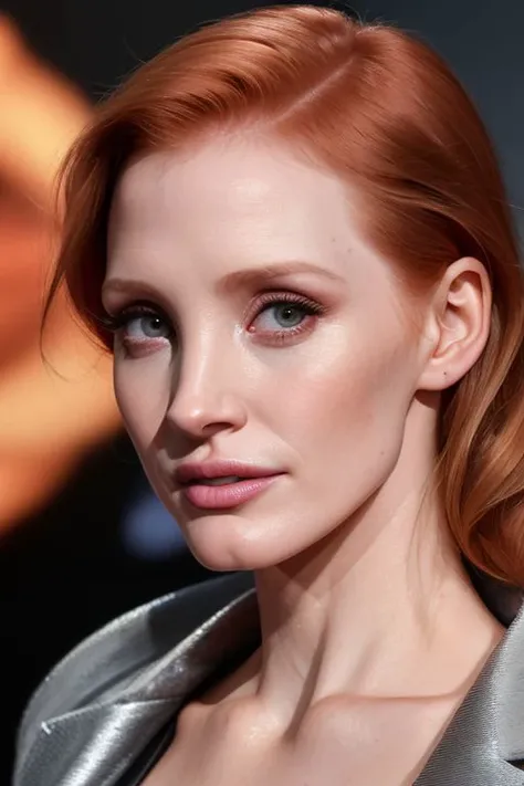 closeup photo of (CR-JessicaCh4stain-frankyfrank2k:0.95) as (young:1.0) woman, (oiled shiny skin:1.0), (tilted angle shot:1.0), (tilted head pose:1.0), (slick undercut:1.0) hair,
(8k uhd:1.0), (best quality:1.0), (masterpiece:1.0), (sharp focus:1.0), (grey gradient backdrop:1.1),