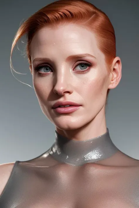 closeup photo of (CR-JessicaChastain-frankyfrank2k:0.95) as (young:1.0) woman, (oiled shiny skin:1.0), (tilted angle shot:1.1), (tilted head pose:1.1), (slick undercut:1.1) hair,
(8k uhd:1.0), (best quality:1.0), (masterpiece:1.0), (sharp focus:1.0), (basic grey gradient backdrop:1.2),