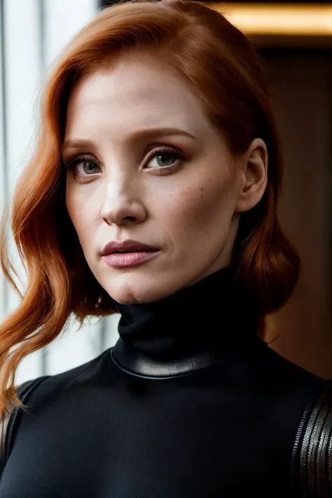 A stunning intricate full color portrait of jessicaCh1 , wearing a black turtleneck, epic character composition, by ilya kuvshinov, alessio albi, nina masic, sharp focus, natural lighting, subsurface scattering, f2, 35mm