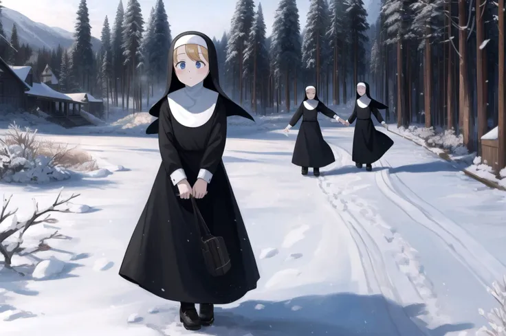 littlenuns, multiple girls, clumsy nun \(diva\), snowing, nun, detailed, woods, monastery, wind,  <lora:littlenuns-000020:0.5>, masterpiece, best quality