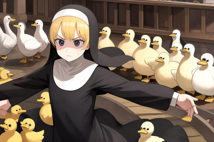 littlenuns, 1girl, angry, ducks, extreme detail, nun, <lora:littlenuns-000020:0.4>, masterpiece, best quality