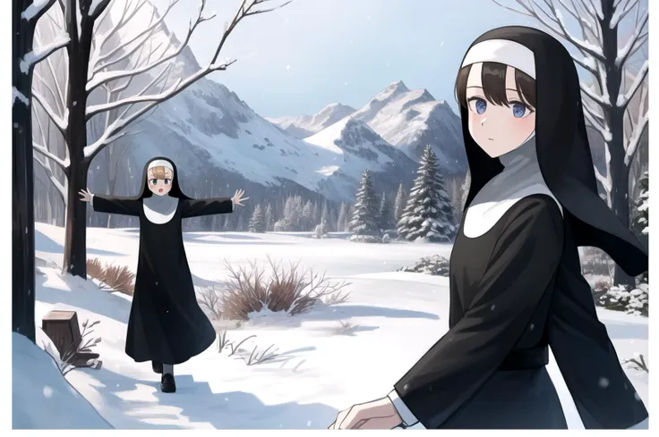 littlenuns, multiple girls, clumsy nun \(diva\), snowing, nun, detailed, woods, monastery, wind,  <lora:littlenuns-000020:0.5>, masterpiece, best quality