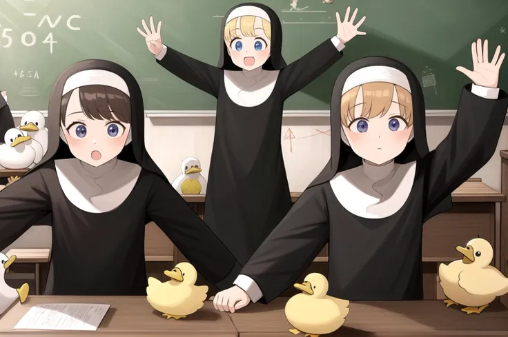 littlenuns, 5girls, dynamic pose, ducks, extreme detail, teacher, school, nun, <lora:littlenuns-000020:0.5>, masterpiece, best quality