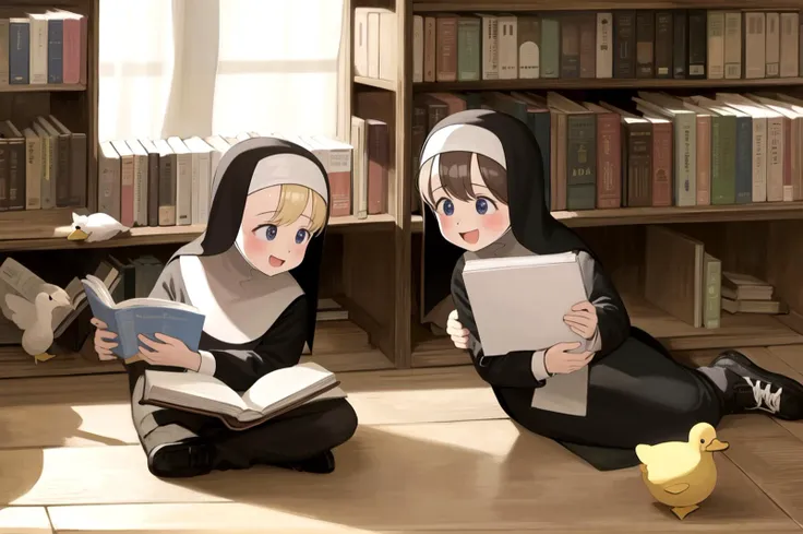 littlenuns, 2girls, cute, library, book, window, happy, nun, duck <lora:littlenuns-000020:0.5>, masterpiece, best quality