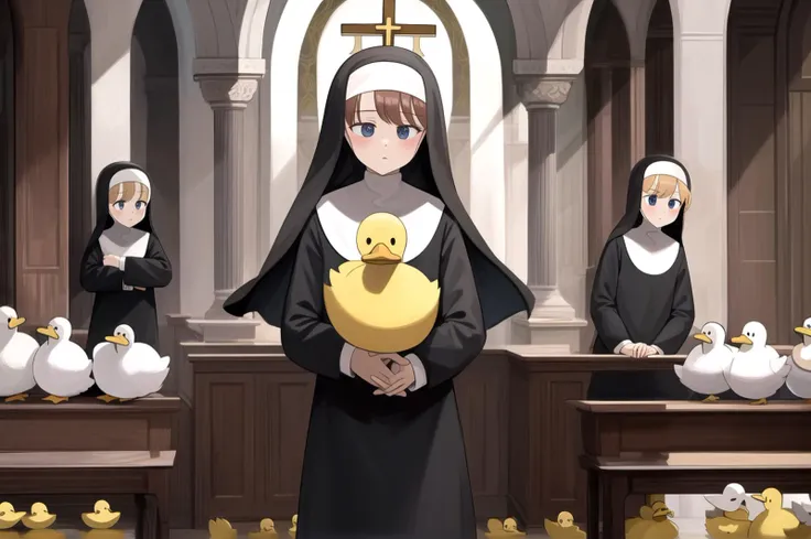 littlenuns, multiple girls, duck, nun, holy cross, <lora:littlenuns-000020:0.5>, masterpiece, best quality