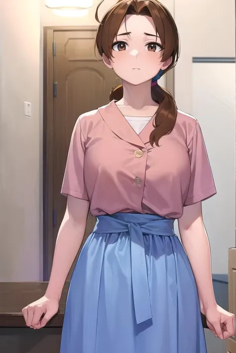 deliaketchum, <lyco:deliaketchum-lyco-nochekaiser:1>,
deliaketchum, brown hair, (brown eyes:1.7), parted bangs, (ahoge:1.5), ponytail, low ponytail,
BREAK shirt, pink shirt, short sleeves, skirt, blue skirt, long skirt,
BREAK indoors,
BREAK looking at viewer, (cowboy shot:1.5),
BREAK <lyco:GoodHands-beta2:1>, (masterpiece:1.2), best quality, high resolution, unity 8k wallpaper, (illustration:0.8), (beautiful detailed eyes:1.6), extremely detailed face, perfect lighting, extremely detailed CG, (perfect hands, perfect anatomy),