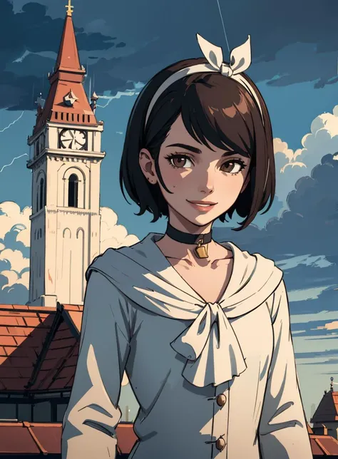 4k, fine detail, masterpiece, high quality eyes, high detail painting, soft shadows, best character art , half nude, open clothes,small breasts, ekaldwin, black hair, short hair, brown eyes, hairband, choker, white pants, upper body, looking at viewer, smile, tower roof, sky, clouds, thunderstorm, rain <lora:EmilyKaldwinY:0.6>