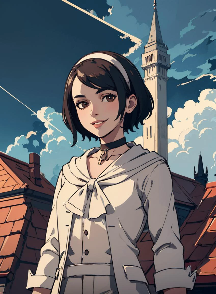4k, fine detail, masterpiece, high quality eyes, high detail painting, soft shadows, best character art , half nude, open clothes,small breasts, ekaldwin, black hair, short hair, brown eyes, hairband, choker, white pants, upper body, looking at viewer, smile, tower roof, sky, clouds, thunderstorm, rain <lora:EmilyKaldwinY:0.6>