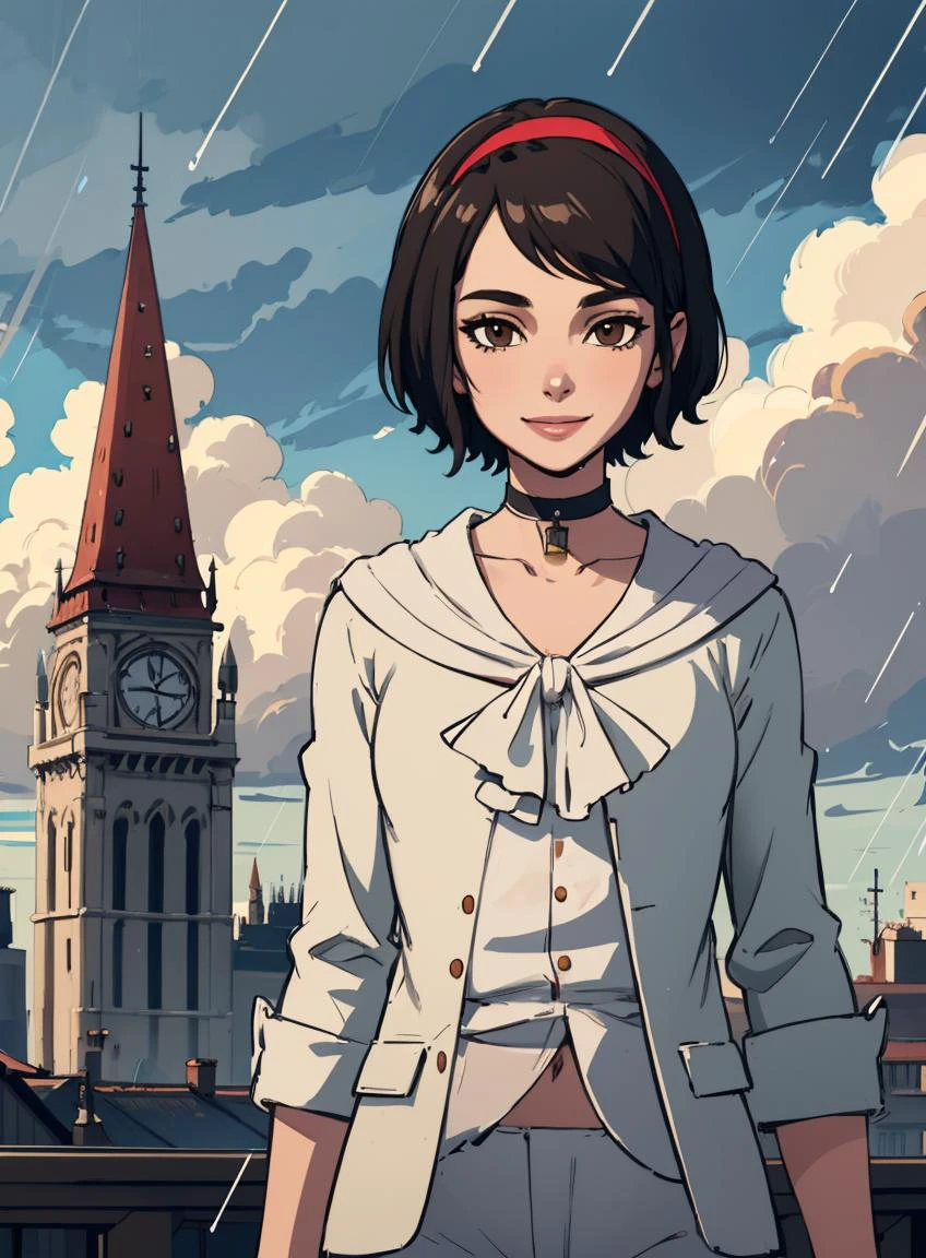4k, fine detail, masterpiece, high quality eyes, high detail painting, soft shadows, best character art , half nude, open clothes,small breasts, ekaldwin, black hair, short hair, brown eyes, hairband, choker, white pants, upper body, looking at viewer, smile, tower roof, sky, clouds, thunderstorm, rain <lora:EmilyKaldwinY:0.6>
