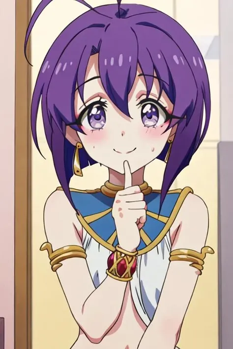 best quality, masterpiece, highres, solo, {medeyusa_jashinchandropkick:1.15}, purple_hair, short_hair, jewelry, purple_eyes, ahoge, smile