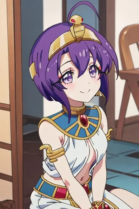 best quality, masterpiece, highres, solo, {medeyusa_jashinchandropkick:1.15}, purple_hair, short_hair, jewelry, purple_eyes, ahoge, smile, 2girls, egyptian_clothes, multiple_girls, usekh_collar, +_+, blonde_hair, solo_focus, earrings