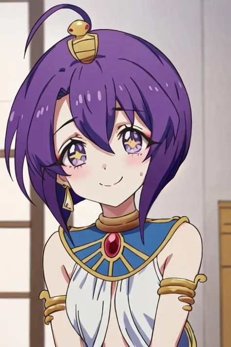 best quality, masterpiece, highres, solo, {medeyusa_jashinchandropkick:1.15}, purple_hair, short_hair, jewelry, purple_eyes, ahoge, smile, 1girl, close-up, symbol-shaped_pupils, +_+, looking_at_viewer, hair_between_eyes, parody, portrait