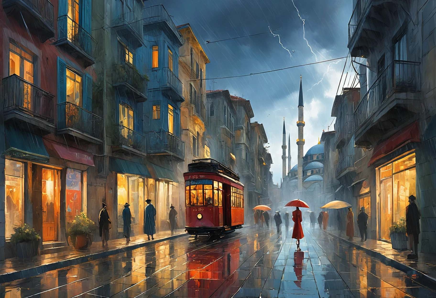 anime artwork futuristic style painting, street, elegant, landscape of a (Istanbul:1.2) from inside of The Spear of Destiny, Stormy weather, designed by Dora Maar, Maurice Utrillo, ultrafine detailed, back-light, chic, The painting is a stunning representation of Istanbul's vibrant street life during a stormy day. The artist has skillfully captured the essence of the city using an ultrafine technique that adds depth and realism to the scene. The use of chiaroscuro lighting creates a dramatic contrast between the dark sky and bright buildings, highlighting their architectural details. The overall composition exudes elegance and sophistication, making it a captivating piece of art. The back-light enhances its visual appeal, making it even more impressive to behold. The image is so vivid and lifelike that it feels like being right there in Istanbul amidst the rain and wind. . sleek, modern, ultramodern, high tech, detailed . anime style, key visual, vibrant, studio anime, highly detailed