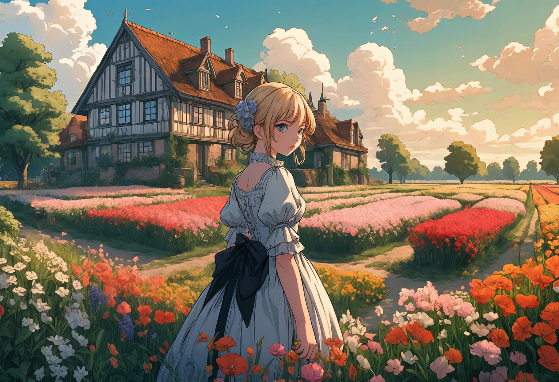 breathtaking anime artwork Unica Zrn, (2000s style:0.65) (hand drawn, anime:1.2) (girl:0.8) , intricately detailed linework, vibrant colors, vintage 2000's manga key visual and Timeless The Dutch Countryside, Jessica Drossin, Victorian Gothic Art, A girl in a vintage 2000's manga-style dress stands amidst a field of flowers in the Dutch countryside. The artist's hand-drawn technique is evident in the intricate linework and vivid colors used to bring this scene to life. A key visual from Timeless The Dutch Countryside, created by Jessica Drossin and her assistant, adds depth to the image. The overall composition exudes a sense of tranquility and nostalgia for a bygone era. . anime style, key visual, vibrant, studio anime, highly detailed . award-winning, professional, highly detailed