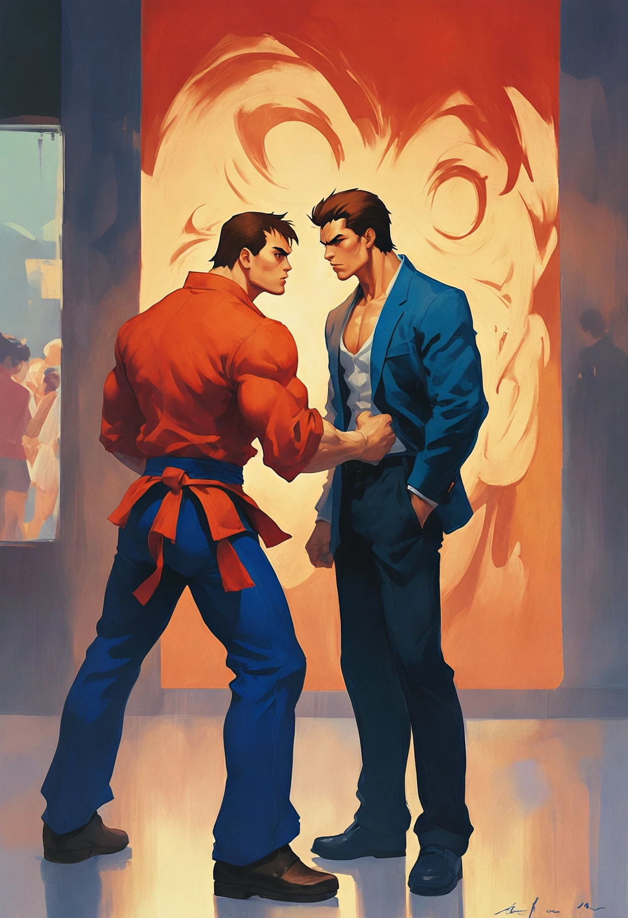 Street Fighter style minimalist style (art by Frits Van den Berghe:1.2) , painting, Vulgar "Hello, I love you, won't you tell me your name?", in focus, Angry, 80mm, Fujifilm Superia, A captivating painting of a young man passionately expressing his love for someone. The artist has skillfully used vibrant colors to capture the intensity of the emotion. The subject is dressed in casual attire and appears to be deeply engrossed in their conversation with another person. The background is blurred, drawing attention to the main subject. The overall composition of the painting suggests a romantic scene between two people. . simple, clean, uncluttered, modern, elegant . vibrant, dynamic, arcade, 2D fighting game, highly detailed, reminiscent of Street Fighter series