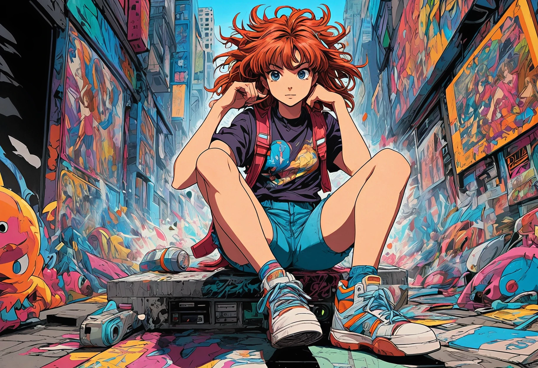 renaissance style anime artwork Street Art, hefty (80s style:0.65) (hand drawn, anime:1.2) (girl:0.8) , analogue vhs distortion, intricately detailed linework, vibrant colors, Clerk, One Leg Up pose, Chestnut hair styled as Spiky, Go Nagai, Chestnut-haired girl with spiky style in anime hand-drawn pose. Vibrant colors and intricate linework adorned with analogue vhs distortion effects. Street art inspired by Clerk from comic books. . anime style, key visual, vibrant, studio anime, highly detailed . realistic, perspective, light and shadow, religious or mythological themes, highly detailed