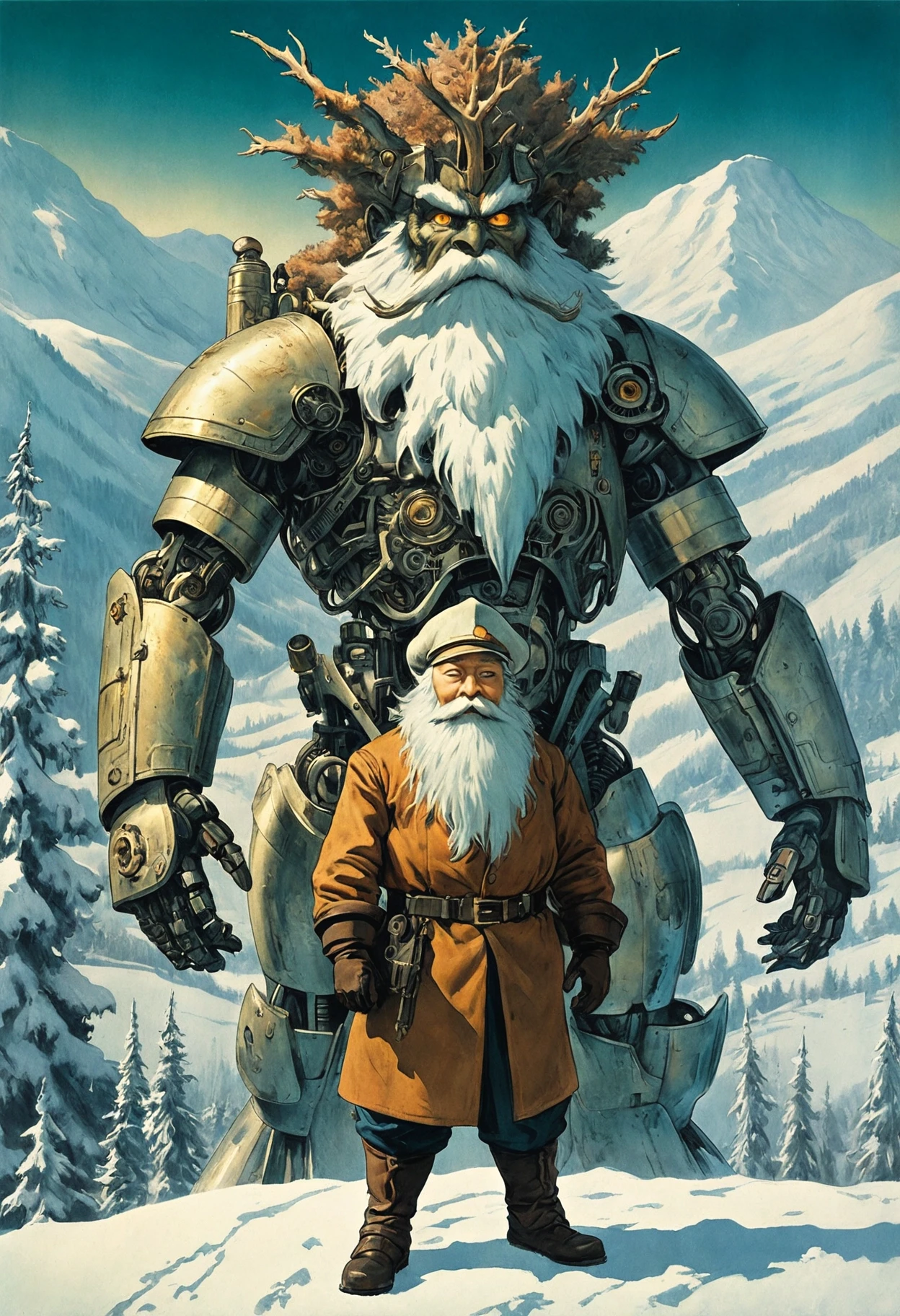 retro-futuristic steampunk style Tsutomu Nihei, Impressionism, Go Nagai, Charming buff Treebeard, Eskimo, Autochrome, A charming buff Treebeard stands proudly in front of a backdrop of snow-covered mountains under an autobahn sky. Tsutomu Nihei's impressionistic style captures the essence of Go Nagai's character, creating a visually stunning image that is sure to impress even the most discerning of viewers. The use of autochrome adds a touch of nostalgia to the scene, transporting us back to a time when such images were a novelty. Overall, this image is a testament to the beauty of animation and its ability to capture our imaginations. . antique, mechanical, brass and copper tones, gears, intricate, detailed . vintage sci-fi, 50s and 60s style, atomic age, vibrant, highly detailed