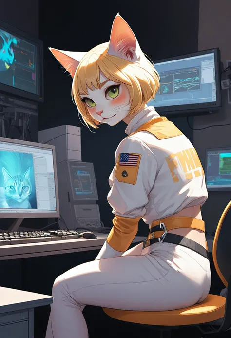 anime artwork concept art Princesscore, Chic American Shorthair Cat with Cream outfit, Westernpunk, The princesscore is sitting in front of a computer monitor, wearing a cream-colored outfit. She appears to be working as an assistant for westernpunk. The computer monitor displays vibrant colors against a black background. The princesscore has her fur meticulously groomed and looks ready for work. Her eyes are focused on the screen, indicating her concentration. Westernpunk is known for its innovative technology and modern designs. The office environment seems to be comfortable and well-lit, providing an ideal setting for productivity. The overall image exudes professionalism and efficiency. . digital artwork, illustrative, painterly, matte painting, highly detailed . anime style, key visual, vibrant, studio anime, highly detailed