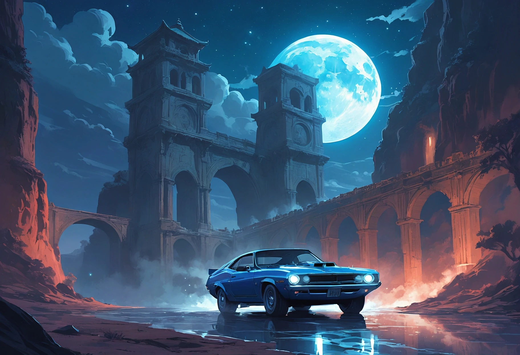 anime artwork ethereal fantasy concept art of Moonlit, octane engine, Supernatural Aqueduct, in a Eastern setting, One Color, New Wave Art, Robert Bevan, Nerdy, Underneath the moonlit sky, the octane engine is revving up for an exhilarating night ride. The Supernatural Aqueduct stands tall in the background, its intricate design illuminated by the soft glow of the moon. In an Eastern setting, where tradition meets modernity, one color dominates the scene - a striking shade of blue. This artwork falls under the genre of New Wave Art, created by Robert Bevan. His signature style is evident in every stroke, bringing life to his Nerdy Assistant. This captivating piece of art is a masterpiece that showcases both creativity and technical . magnificent, celestial, ethereal, painterly, epic, majestic, magical, fantasy art, cover art, dreamy . anime style, key visual, vibrant, studio anime, highly detailed