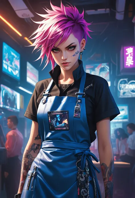 anime artwork neonpunk style Agostino Tassi, Fascinating Punks Apron, detailed with dark blue details, Europunk, Photograph, made of Pearl, Simplified style, A vibrant apron adorned with punk-inspired designs is showcased in this photograph. The apron features intricate dark blue details that enhance its visual appeal. Crafted from pearl material, it exhibits a simplified style that adds a touch of elegance to the overall design. This exquisite piece of clothing is likely to be appreciated by fashion enthusiasts who appreciate punk-themed accessories. The image captures the essence of the apron beautifully, highlighting its unique features and making it stand out against any background. . cyberpunk, vaporwave, neon, vibes, vibrant, stunningly beautiful, crisp, detailed, sleek, ultramodern, magenta highlights, dark purple shadows, high contrast, cinematic, ultra detailed, intricate, professional . anime style, key visual, vibrant, studio anime, highly detailed