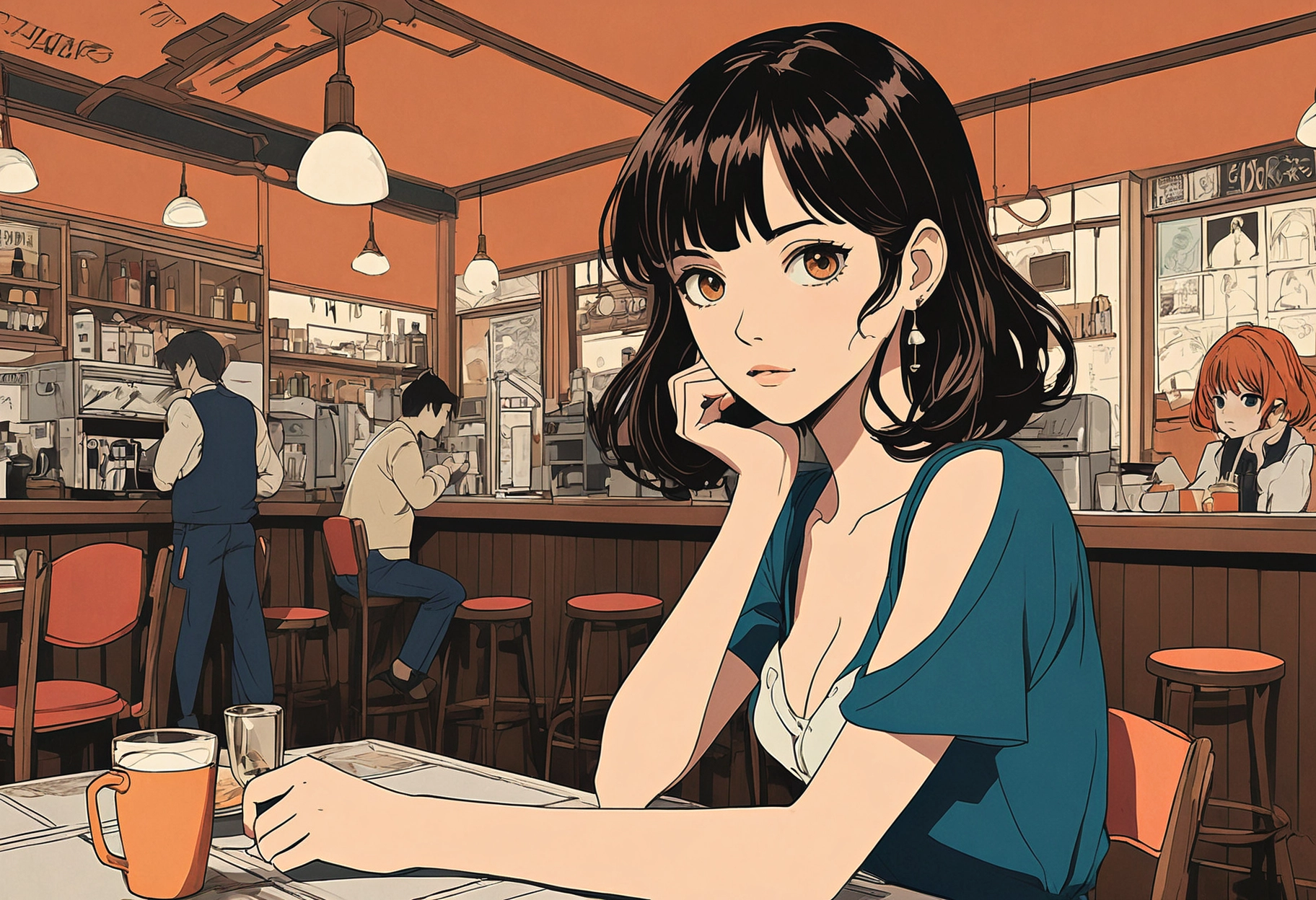 Anime girl sitting at a table with a glass of beer - SeaArt AI