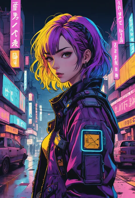 neonpunk style dystopian style Auto-Destructive Art, Cybergoth Art, Kodachrome, Blue and Yellow (2000s style:0.65) (hand drawn, anime:1.2) (girl:0.8) , intricately detailed linework, vibrant colors, vintage 2000's manga key visual, Ohara Koson, A striking piece of auto-destructive art, reminiscent of the 2000s cyberpunk aesthetic, showcases intricate line work and vibrant colors. The artist's assistant, Ohara Koson, adds a touch of realism to the scene with their hand drawn style. Anime influence is evident in the attention to detail and overall composition. This artwork captures the essence of vintage 2000s manga culture. The girl in the background adds a human element to the scene. The use of Kodachrome film stock enhances the overall aesthetic of the image.  . bleak, post-apocalyptic, somber, dramatic, highly detailed . cyberpunk, vaporwave, neon, vibes, vibrant, stunningly beautiful, crisp, detailed, sleek, ultramodern, magenta highlights, dark purple shadows, high contrast, cinematic, ultra detailed, intricate, professional