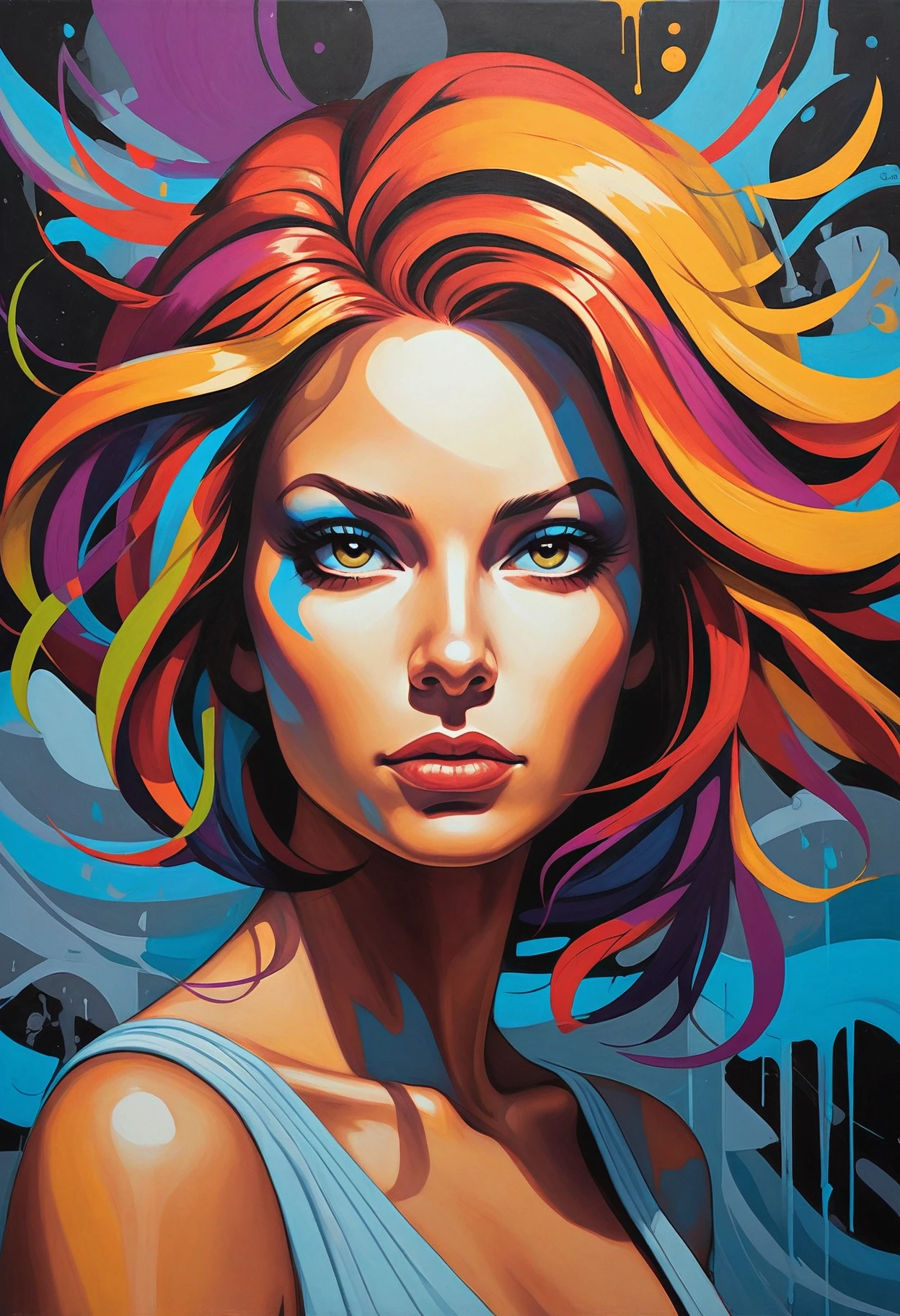 graffiti style expressionist (designed by Craig Thompson:1.0) , painting, stylized, Pure Wife, her hair is Multicolor, Hurricane, in focus, Peaceful, Dramatic spotlight, Hypersaturated, Craig Thompson's artwork showcases his unique style in a painting depicting a woman with multicolored hair under a dramatic spotlight. The peaceful background contrasts with the intense focus on the subject, creating a striking visual effect. The artist has skillfully used vibrant colors and shading techniques to enhance the overall composition of the piece. This stunning artwork is sure to captivate viewers with its vividness and depth. . raw, emotional, dynamic, distortion for emotional effect, vibrant, use of unusual colors, detailed . street art, vibrant, urban, detailed, tag, mural