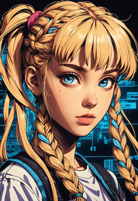 renaissance style anime artwork Cutepunk, Photorealism, (80s style:0.65) (hand drawn, anime:1.2) (girl:0.8) , analogue vhs distortion, intricately detailed linework, vibrant colors, =, Blonde hair styled as Braided pigtails, Nanopunk, silhouette, Anime girl in braids with VHS distortion effect, Nanopunk inspired art style with photorealistic background.  . anime style, key visual, vibrant, studio anime, highly detailed . realistic, perspective, light and shadow, religious or mythological themes, highly detailed