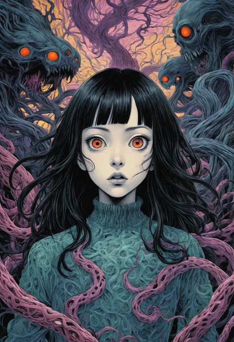 horror-themed lovecraftian horror Junji Ito, Raw digital photo, Film Washi, "The Frost of (80s style:0.65) (hand drawn, anime:1.2) (girl:0.8) , analogue vhs distortion, intricately detailed linework, vibrant colors", Hisui Sugiura, Intricate and vivid depiction of Junji Ito's work in film form. The artist's signature style is evident throughout, from the detailed linework and vibrant colors to the subtle analogue VHS distortion. The image captures a girl in her natural habitat, surrounded by intricate details that bring the scene to life. The overall effect is a stunning representation of Ito's unique vision. Hisui Sugiura Assistant has done an excellent job in capturing the essence of this iconic artist's work. The image is a true masterpiece. . eldritch, cosmic horror, unknown, mysterious, surreal, highly detailed . eerie, unsettling, dark, spooky, suspenseful, grim, highly detailed