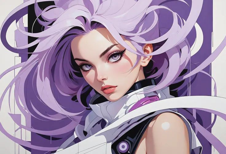 anime artwork futuristic style (stylized by Bert Stern:0.9) , painting, White and Lilac "The Gift of Structure", Amusing, Abstract Expressionism, A captivating art piece in the style of abstract expressionism. The artist has used white and lilac hues to create a visually striking composition. The use of bold lines and shapes adds depth and texture to the painting. A black frame encases the artwork, enhancing its presentation. This painting is sure to be a conversation starter due to its unique design and vibrant color palette. (stylized by Bert Stern:0.85). . sleek, modern, ultramodern, high tech, detailed . anime style, key visual, vibrant, studio anime, highly detailed