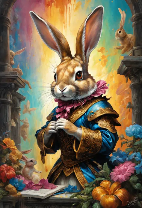 renaissance style dystopian style Pop Art, Anime, Parmigianino, Heather Theurer, Color splash, Rabbit, glitter texture, Nintencore, In this vibrant scene, Pop Art comes alive with vivid colors and bold lines. An anime-style rabbit takes center stage, its glittering fur catching the eye against the colorful backdrop. The artist's signature is subtly hidden in the background, while a splash of color adds depth to the image. The overall effect is reminiscent of Parmigianino's works, with their emphasis on intricate details and dynamic composition. This image captures the essence of modern artistry, bringing together different styles and techniques to create something truly unique and captivating. . bleak, post-apocalyptic, somber, dramatic, highly detailed . realistic, perspective, light and shadow, religious or mythological themes, highly detailed