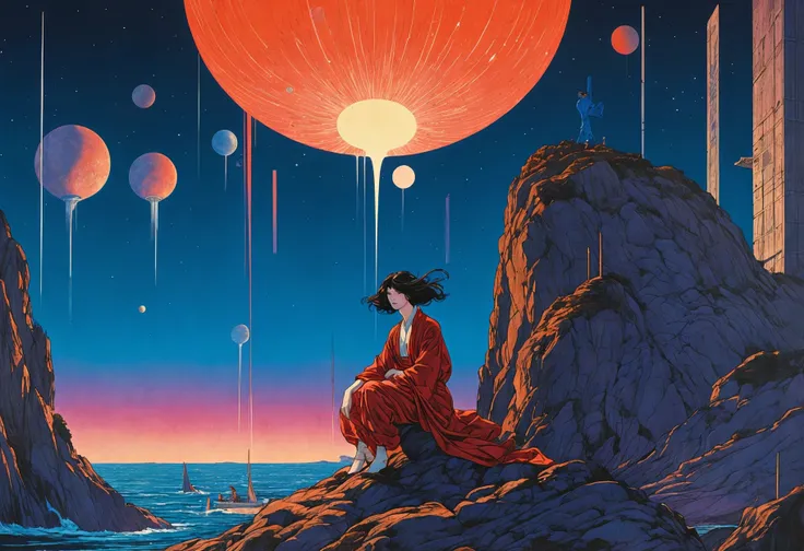 anime artwork retro cyberpunk Takato Yamamoto, Joseph Ducreux, "The Dawn of Paradox", 80s Art, Vibrant Color, Rockwell Kent, High Contrast, In vibrant colors, Takato Yamamoto's artwork captures the essence of "The Dawn of Paradox" in an 80s art style. The canvas is filled with rich hues and bold lines that create a striking contrast against the dark background. Joseph Ducreux's signature style adds depth and texture to the piece, while Rockwell Kent's attention to detail brings out the intricate patterns and shapes within the composition. This stunning work of art is a testament to the power of creativity and imagination in capturing complex ideas and emotions through visual means. The overall effect is a visually stunning . 80's inspired, synthwave, neon, vibrant, detailed, retro futurism . anime style, key visual, vibrant, studio anime, highly detailed