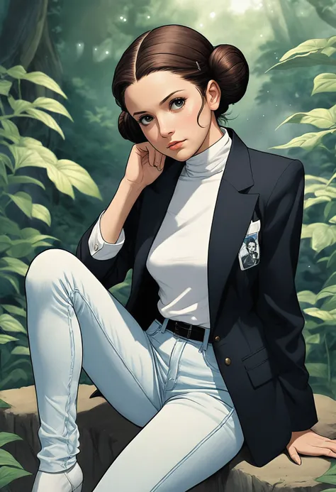 breathtaking manga style Ethereal Princess Leia Organa Cryptographer, Princess Leia Organa is wearing Cottagecore Blazer and jeans, her Blazer and jeans is Dreamlike, Aquirax Uno, Photograph, Drawing, Suehiro Maruo, Inio Asano, The ethereal princess Leia Organa is captured in a moment of quiet contemplation. Her attire, a cottagecore blazer paired with blue jeans, exudes a dreamy aura reminiscent of Aquirax Uno's signature style. The photograph captures her from a side angle, allowing us to appreciate her thoughtful expression. The drawing by Suehiro Maruo adds a touch of whimsy while Inio Asano's assistant lends a sense of authenticity to the scene. The overall composition is a testament to the artist's attention to detail and ability to ev . vibrant, high-energy, detailed, iconic, Japanese comic style . award-winning, professional, highly detailed