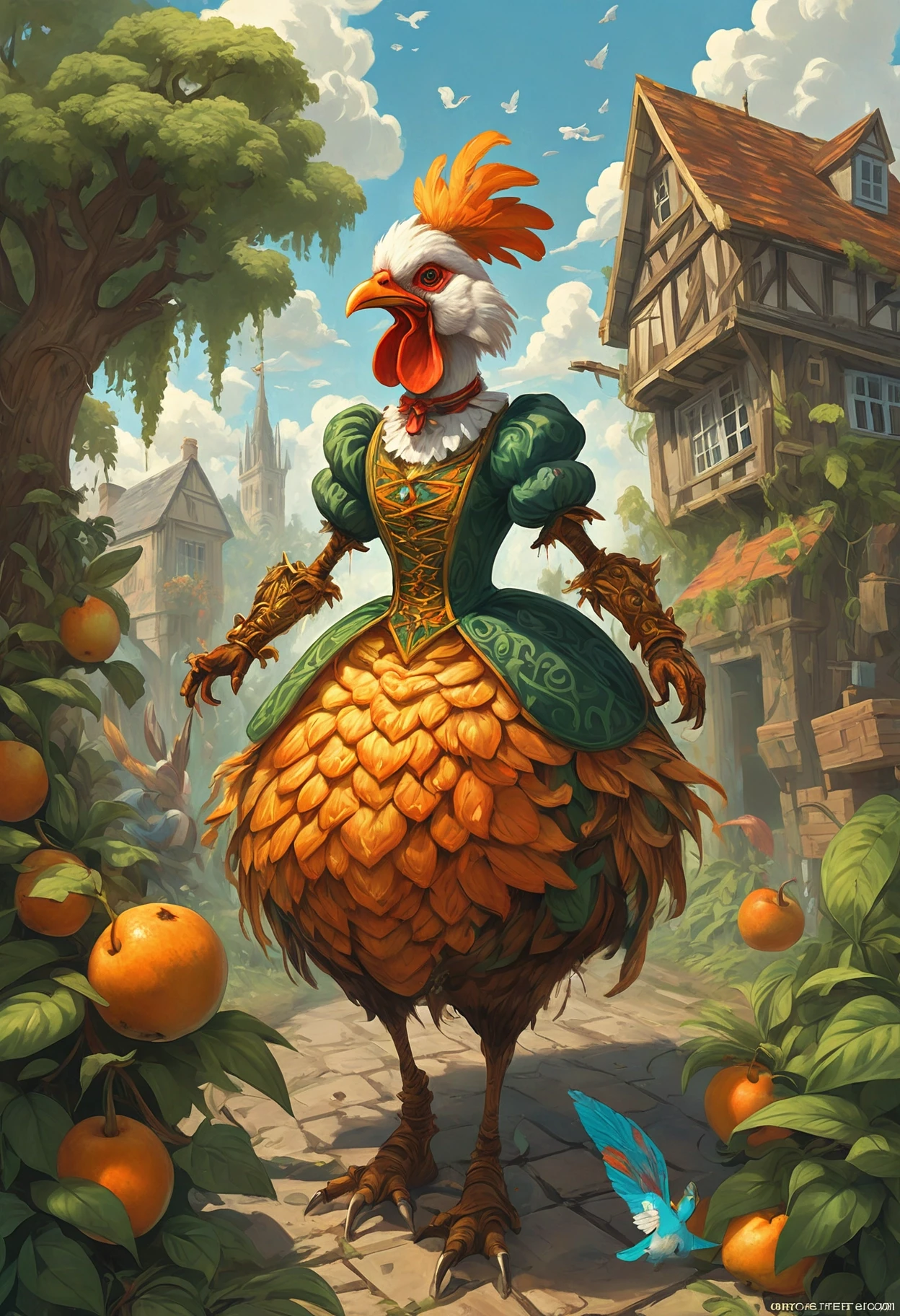 psychedelic style breathtaking short Brahma, eating loquat, he is dressed in his Imaginative Dress, his Dress is inspired by the Minecraft game and The A-Team series, John Constable, Letterism, Peter Mohrbacher, Graffiti Street Art, A short Brahma rooster is captured in mid-stride while eating a loquat fruit. His attire is quite unique - it's inspired by the iconic John Constable painting "The Hay Wain" and features elements from both Minecraft and The A-Team TV show. The dress also incorporates lettering reminiscent of Peter Mohrbacher's work and elements of Graffiti street art. The overall scene captures a moment of whimsy and creativity, as the bird strides confidently towards its next adventure. . award-winning, professional, highly detailed . vibrant colors, swirling patterns, abstract forms, surreal, trippy