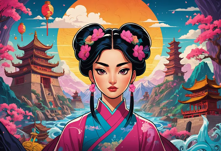 psychedelic style breathtaking Bauhaus Art, Cutecore, Dan Mumford, Vaporwave, beefy Qing Dynasty Mulan, dressed in Lapidary torn clothes, Darksynth, Classic Disney, Frida Kahlo, Clockpunk, An artistic rendition of Bauhaus art style. The centerpiece is a character from the Mulan, dressed in torn clothes symbolizing the harsh reality of life during the Qing Dynasty era. The background features a classic Disney castle reminiscent of Walt Disney's original theme park. In the bottom right corner, there's a clockpunk assistant, possibly hinting at a futuristic setting. This image combines various styles such as cutecore, vaporwave, beefy Qing Dynasty Mulan aesthetic, and darksynth music genre. The overall composition exudes a unique blend . award-winning, professional, highly detailed . vibrant colors, swirling patterns, abstract forms, surreal, trippy